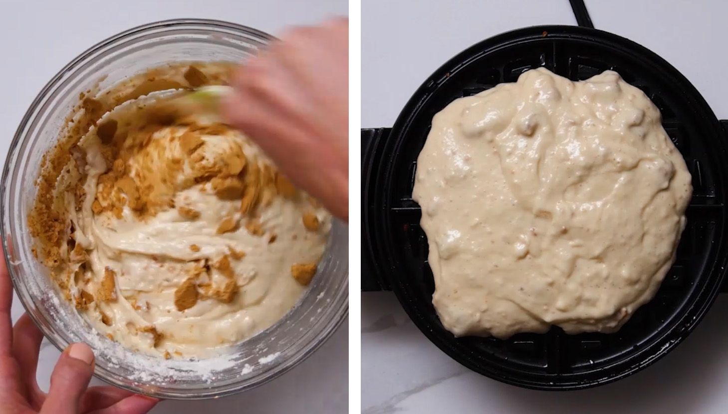 Waffle batter being mixed and put on a waffle iron